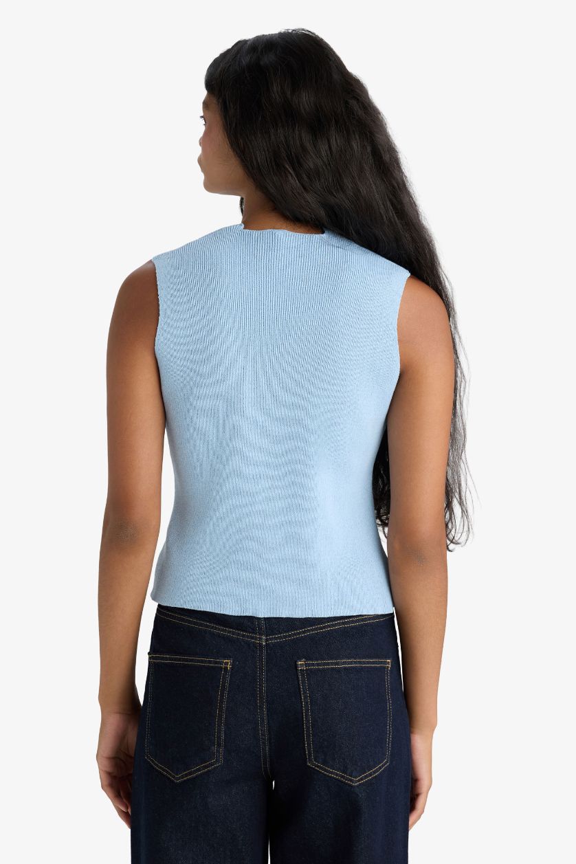 Kadın Mavi Fitted V Yaka Düğmeli Triko Yelek