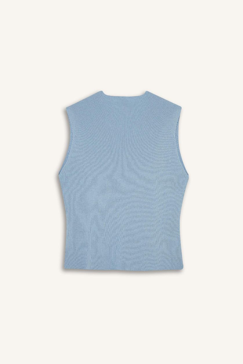 Kadın Mavi Fitted V Yaka Düğmeli Triko Yelek