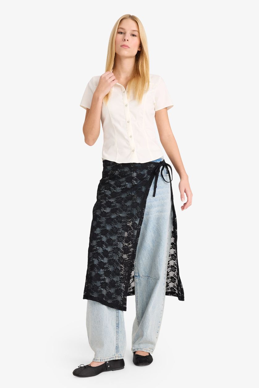 Woman Black Regular Waist Lace Tied Pareo