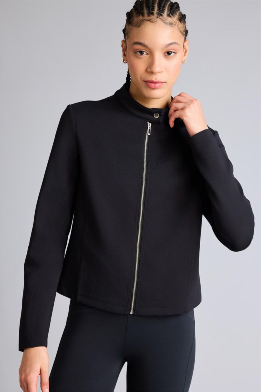 Kadın Siyah Standart Fıt Dik Yaka Skuba Dalgıç Kumaş Fermuarlı Sweatshirt