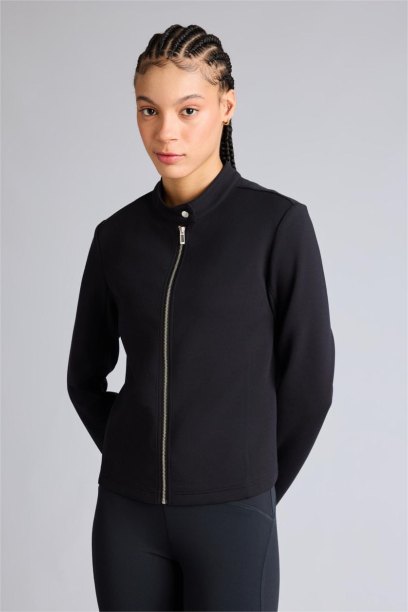 Kadın Siyah Standart Fıt Dik Yaka Skuba Dalgıç Kumaş Fermuarlı Sweatshirt