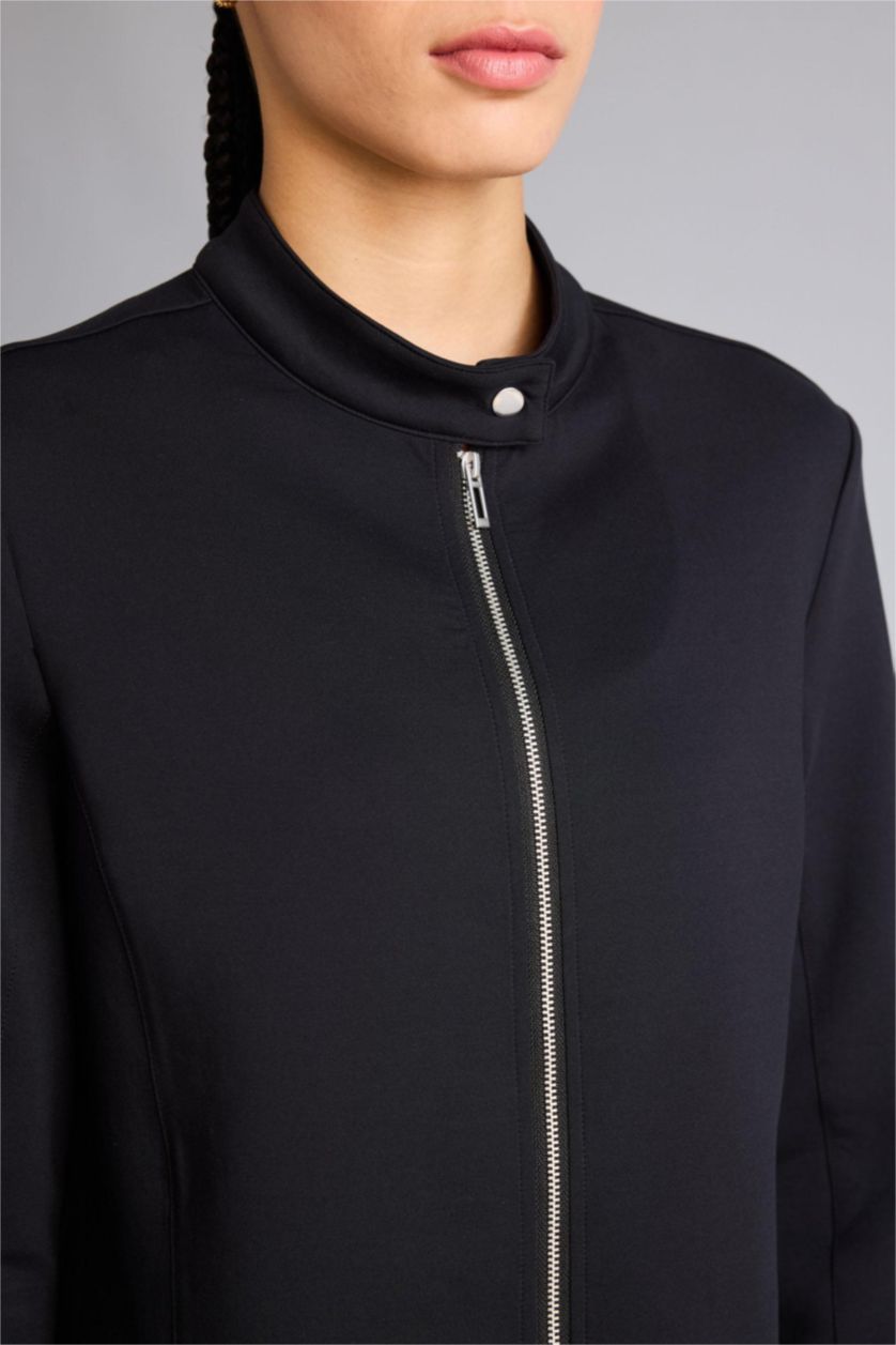 Kadın Siyah Standart Fıt Dik Yaka Skuba Dalgıç Kumaş Fermuarlı Sweatshirt