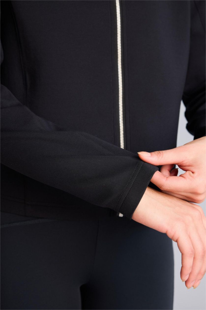 Kadın Siyah Standart Fıt Dik Yaka Skuba Dalgıç Kumaş Fermuarlı Sweatshirt