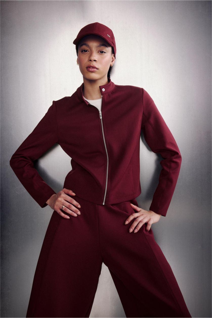 Kadın Bordo Standart Fıt Dik Yaka Skuba Dalgıç Kumaş Fermuarlı Sweatshirt