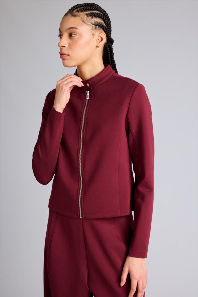 Kadın Bordo Standart Fıt Dik Yaka Skuba Dalgıç Kumaş Fermuarlı Sweatshirt