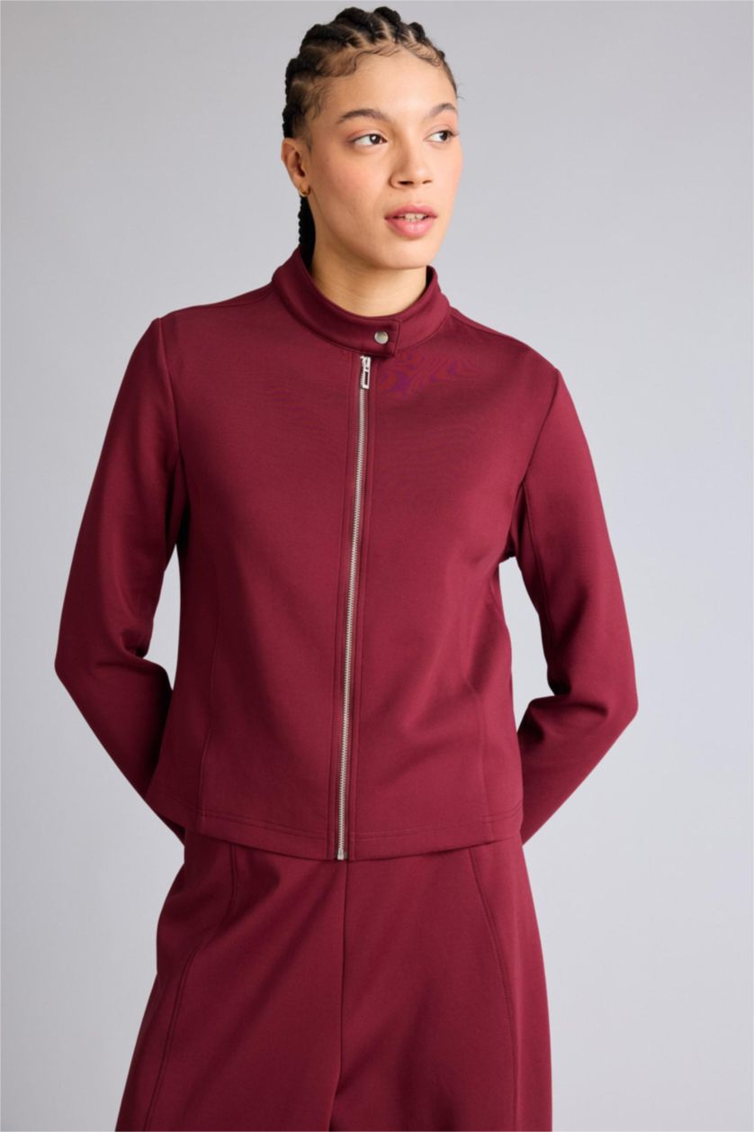 Kadın Bordo Standart Fıt Dik Yaka Skuba Dalgıç Kumaş Fermuarlı Sweatshirt