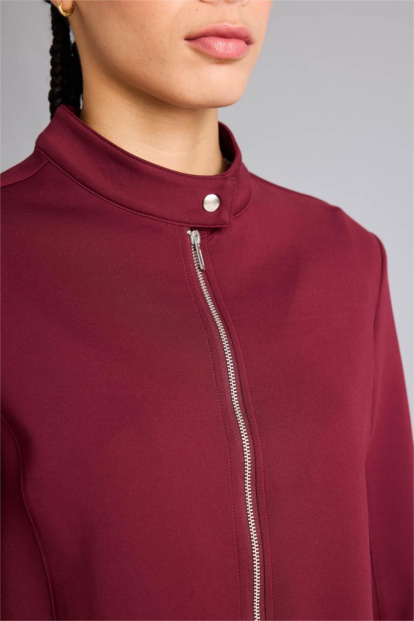 Kadın Bordo Standart Fıt Dik Yaka Skuba Dalgıç Kumaş Fermuarlı Sweatshirt