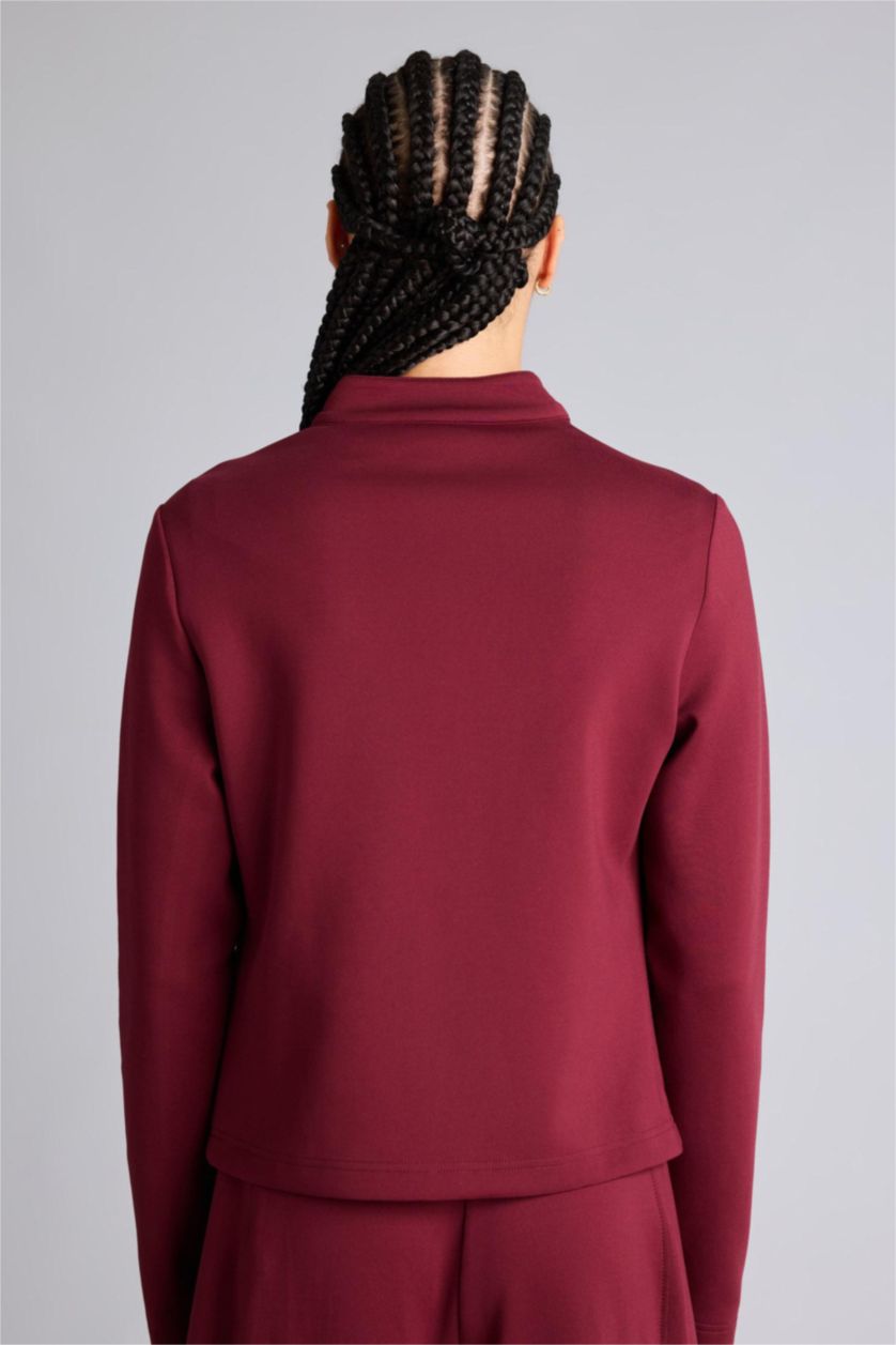 Kadın Bordo Standart Fıt Dik Yaka Skuba Dalgıç Kumaş Fermuarlı Sweatshirt