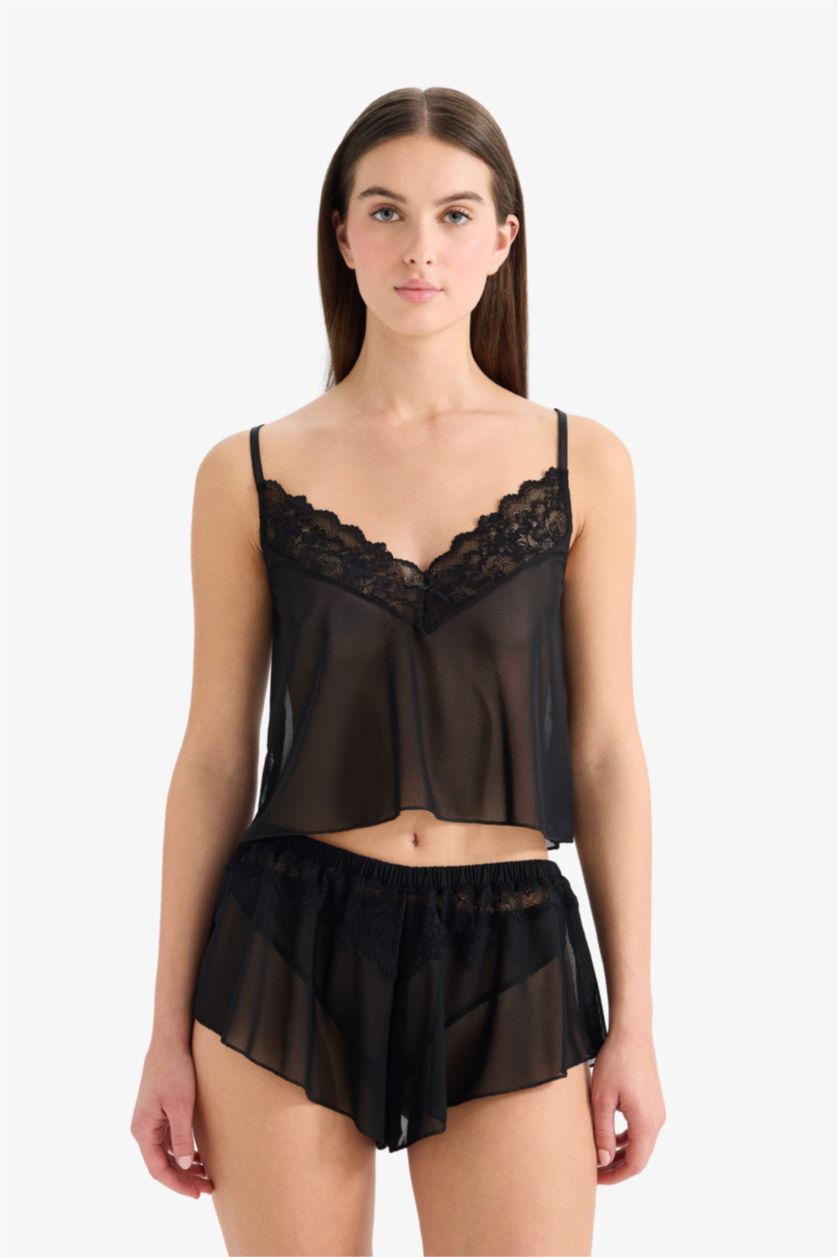 WOMAN Black Regular Fit Strappy with Lace Tulle Top