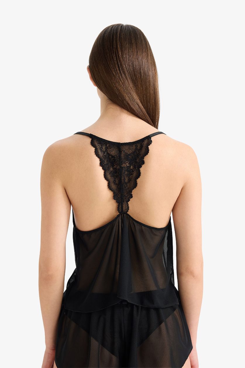 WOMAN Black Regular Fit Strappy with Lace Tulle Top