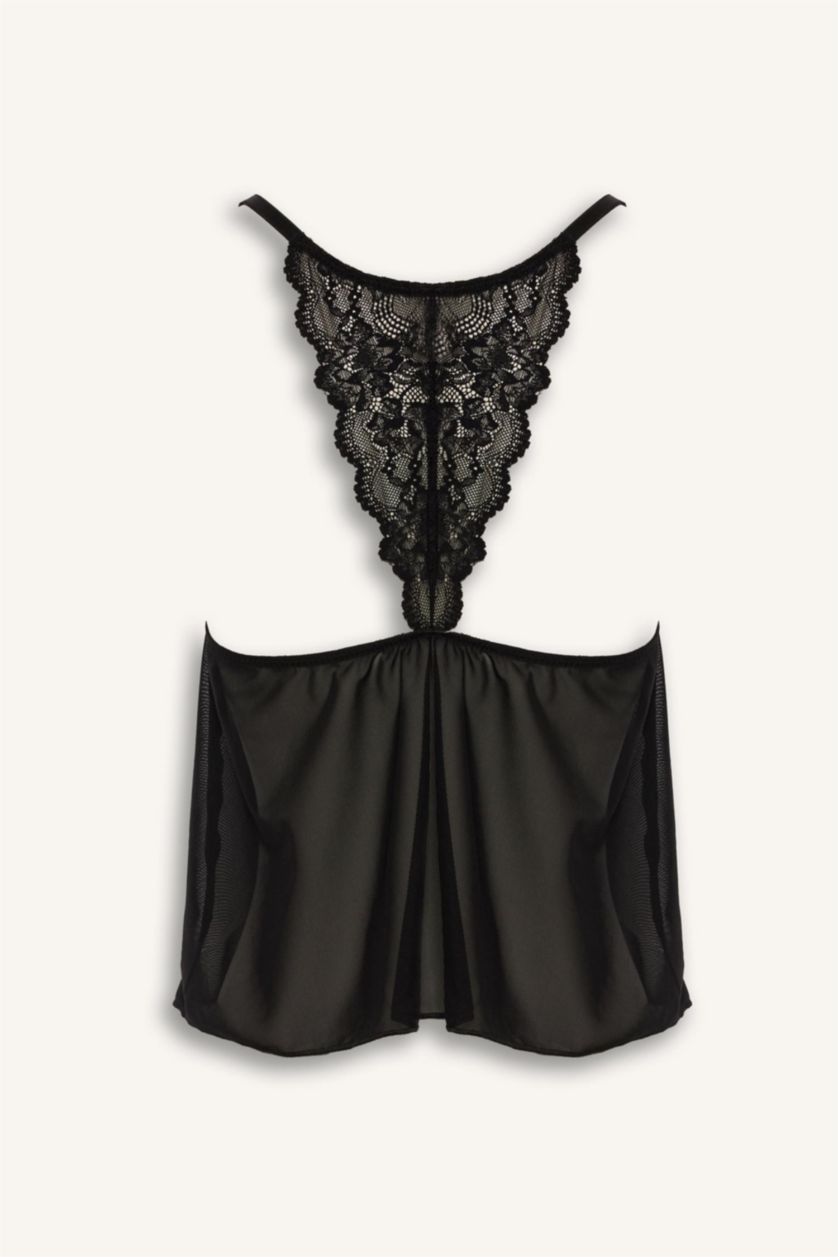 WOMAN Black Regular Fit Strappy with Lace Tulle Top