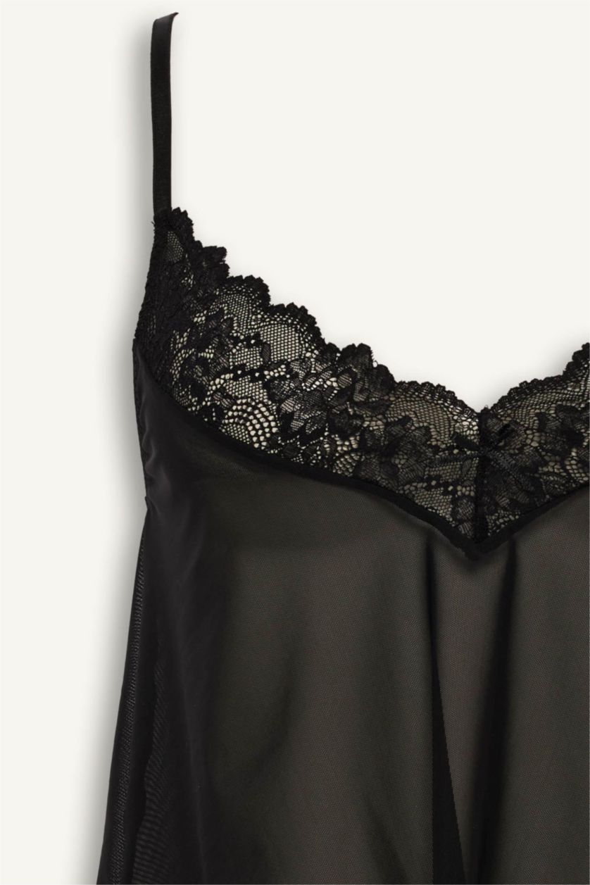 WOMAN Black Regular Fit Strappy with Lace Tulle Top