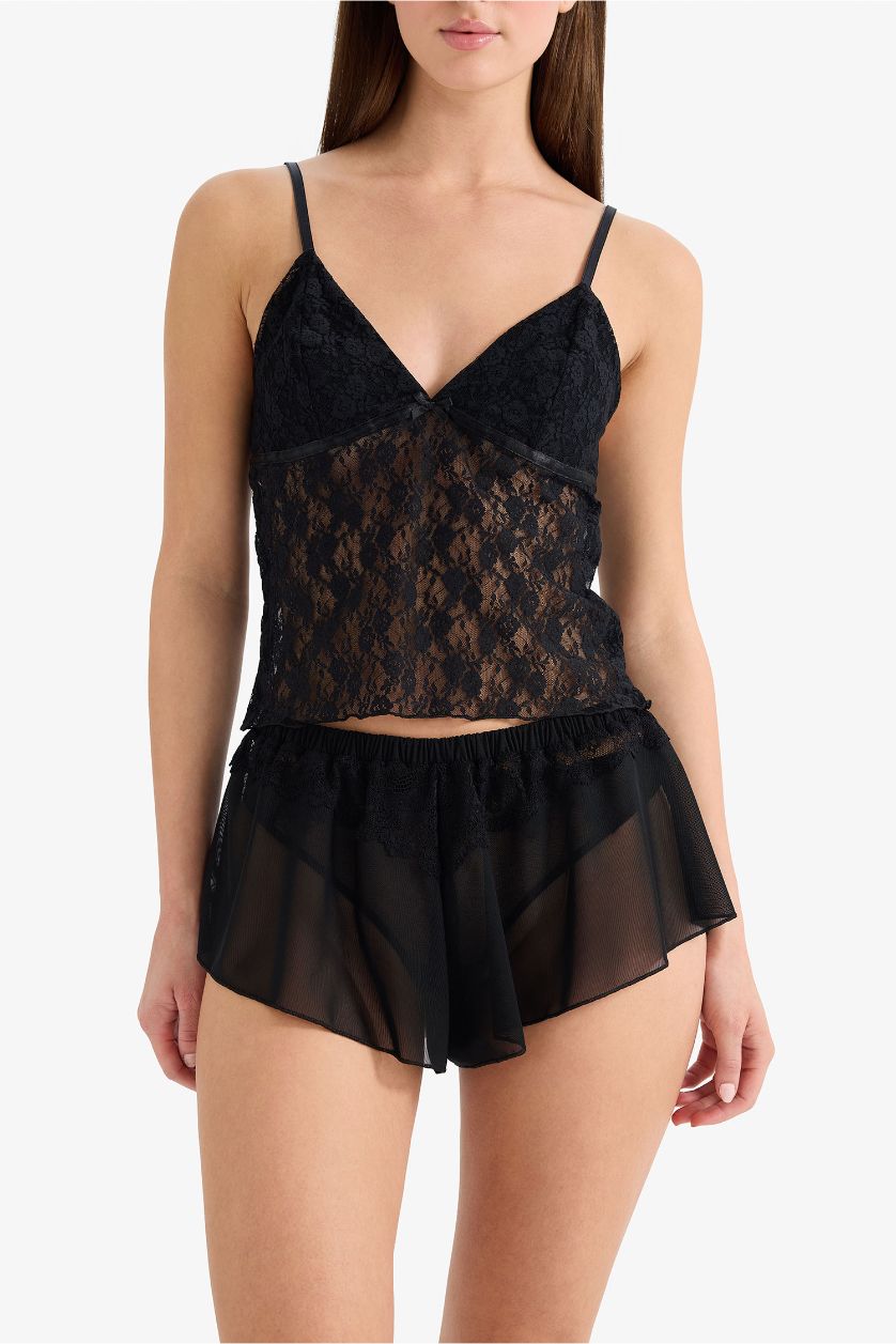 Kadın Siyah Regular Fit Dantel Detaylı Tül Alt