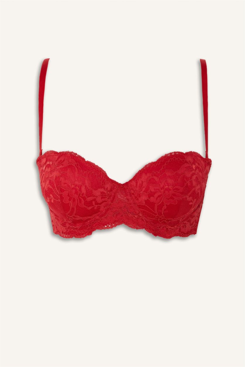 Woman Red Lace Detail Lace Covered Half Padded Underwired Strapless Bra