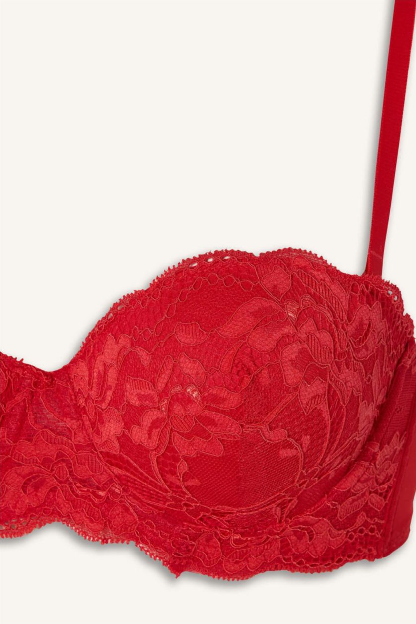 Woman Red Lace Detail Lace Covered Half Padded Underwired Strapless Bra