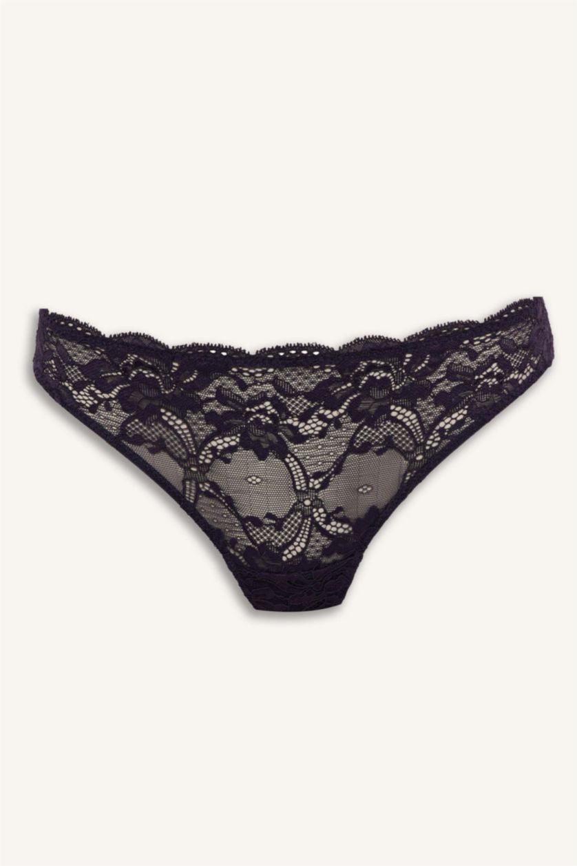 Woman Purple Lace Detail Lace Brazilian Panty