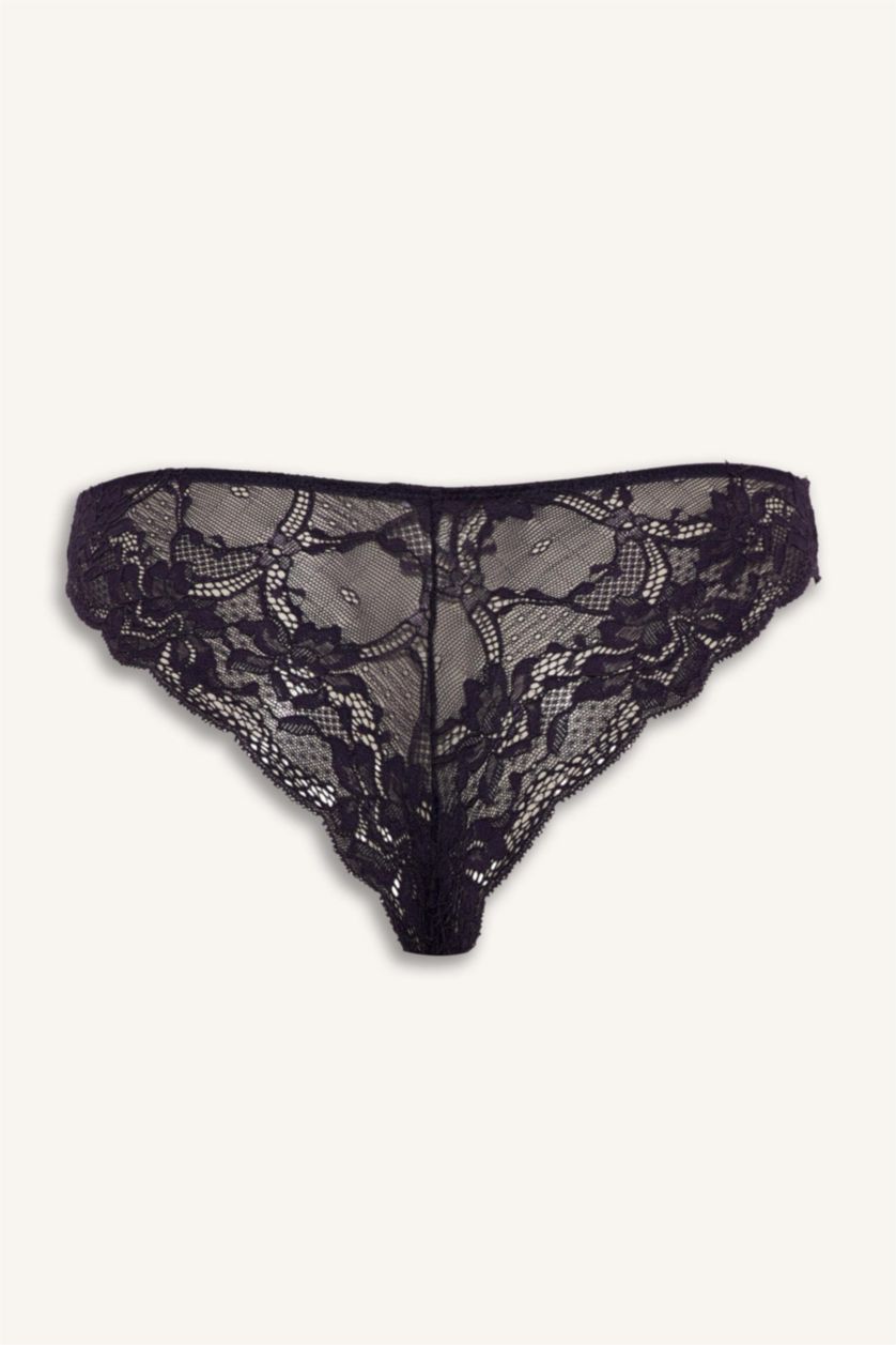 Woman Purple Lace Detail Lace Brazilian Panty