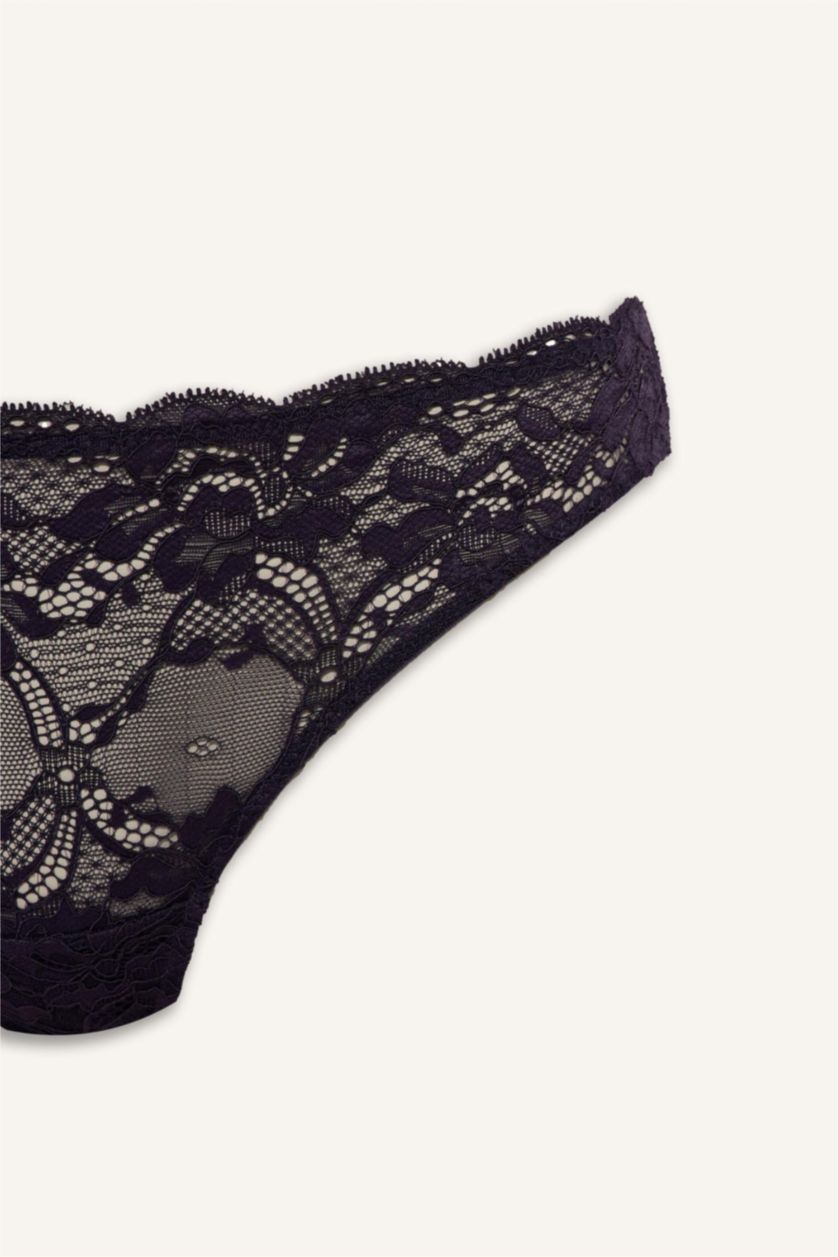 Woman Purple Lace Detail Lace Brazilian Panty