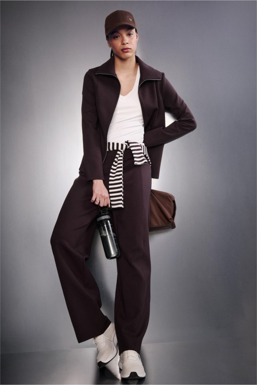 Woman Brown Wide Leg Wide Leg With Pockets Scuba Fabric Trousers