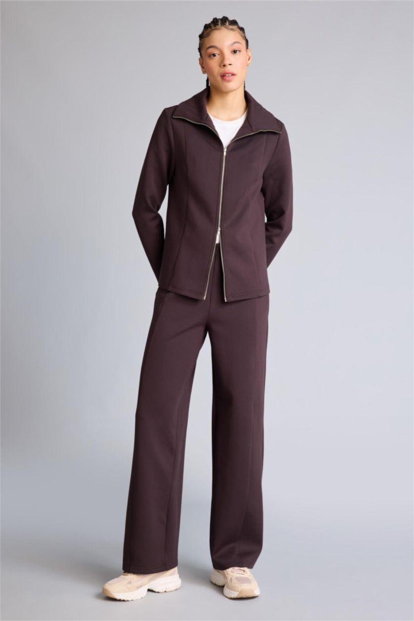 Woman Brown Wide Leg Wide Leg With Pockets Scuba Fabric Trousers