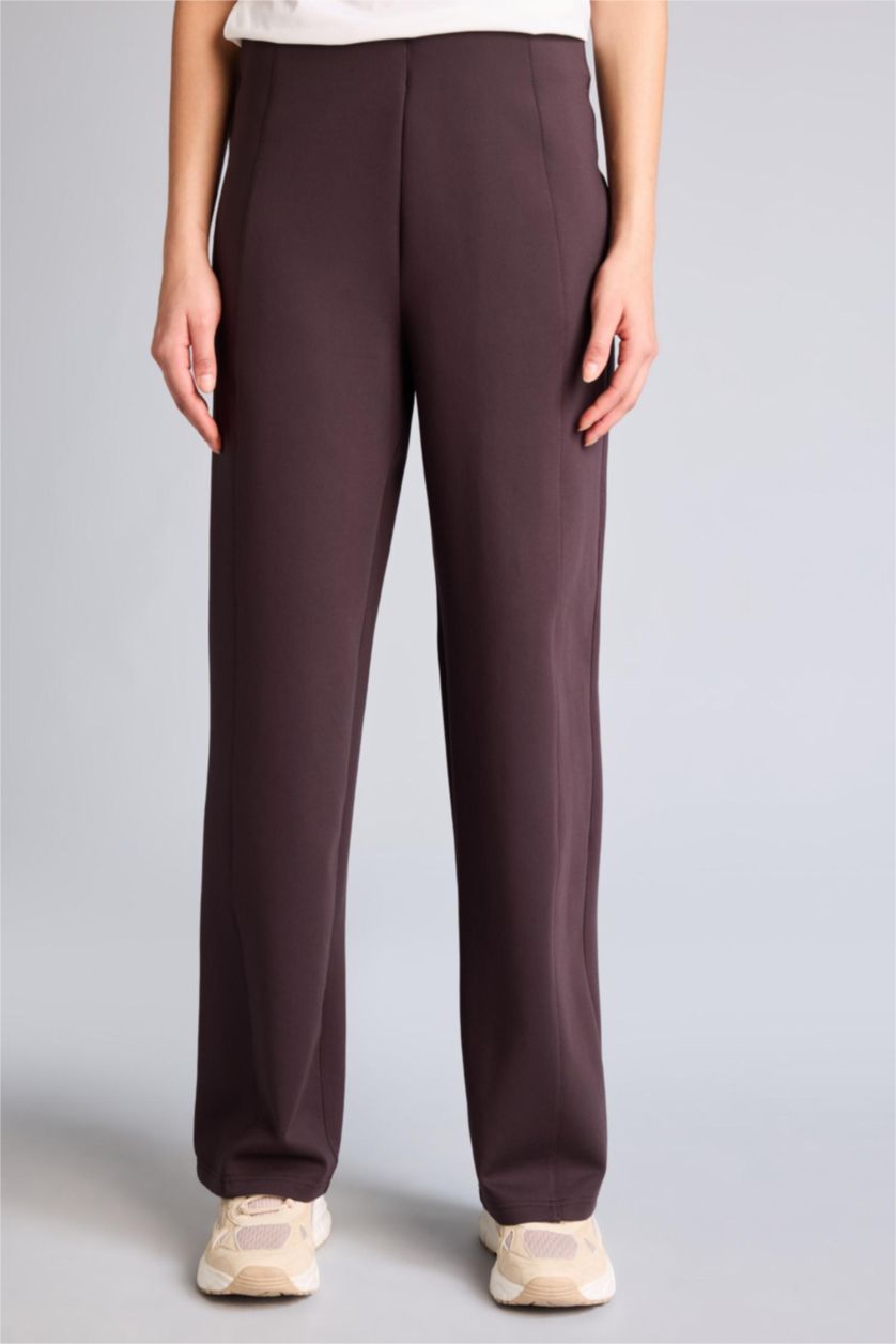 Woman Brown Wide Leg Wide Leg With Pockets Scuba Fabric Trousers