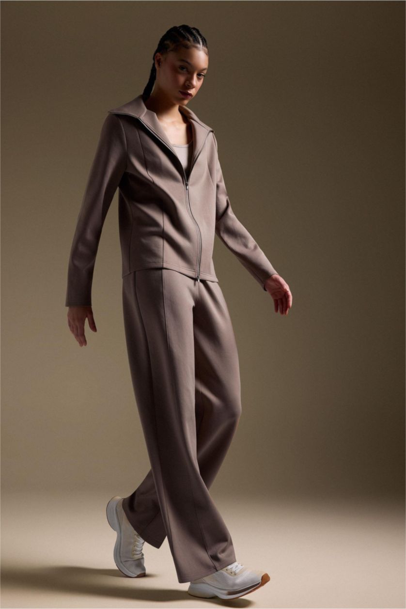 Woman Light Brown Wide Leg Wide Leg With Pockets Scuba Fabric Trousers