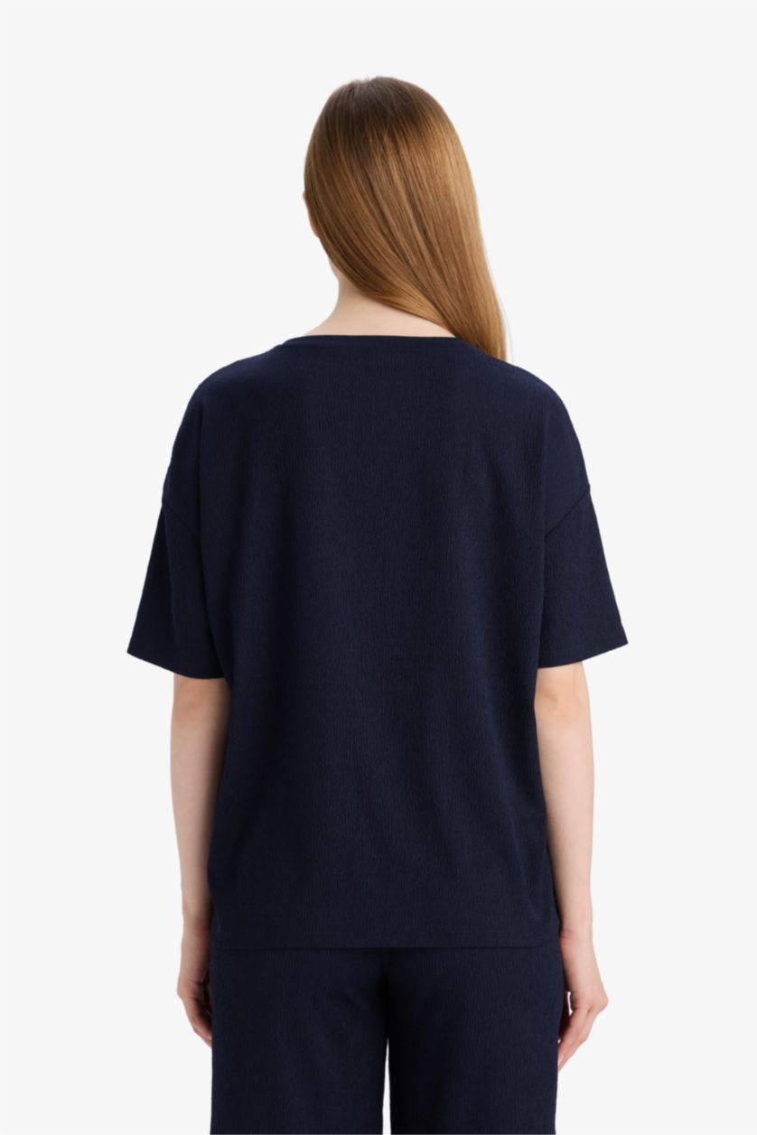 Женщины Синий Футболка из крепа Relax Fit с коротким рукавом и вышитым принтом