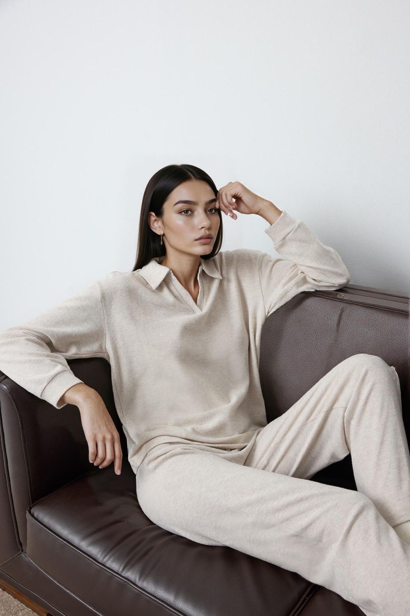 WOMAN Beige Melange Regular Fit Velour Top Bottom 2 Piece Pajama Set