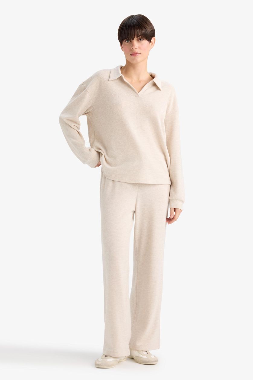 WOMAN Beige Melange Regular Fit Velour Top Bottom 2 Piece Pajama Set