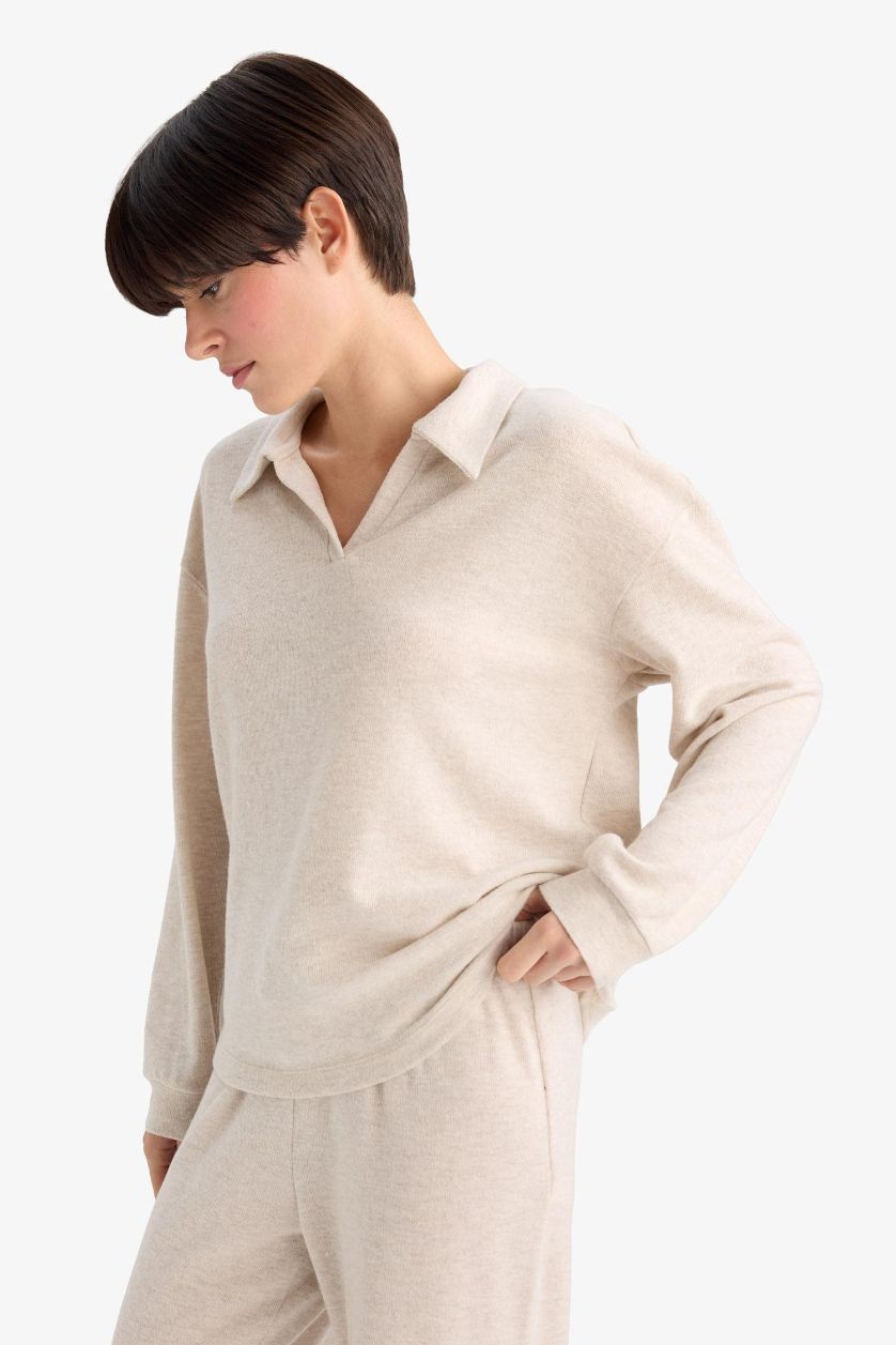 WOMAN Beige Melange Regular Fit Velour Top Bottom 2 Piece Pajama Set