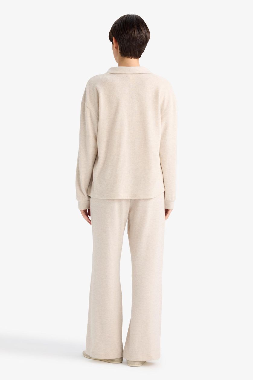 WOMAN Beige Melange Regular Fit Velour Top Bottom 2 Piece Pajama Set