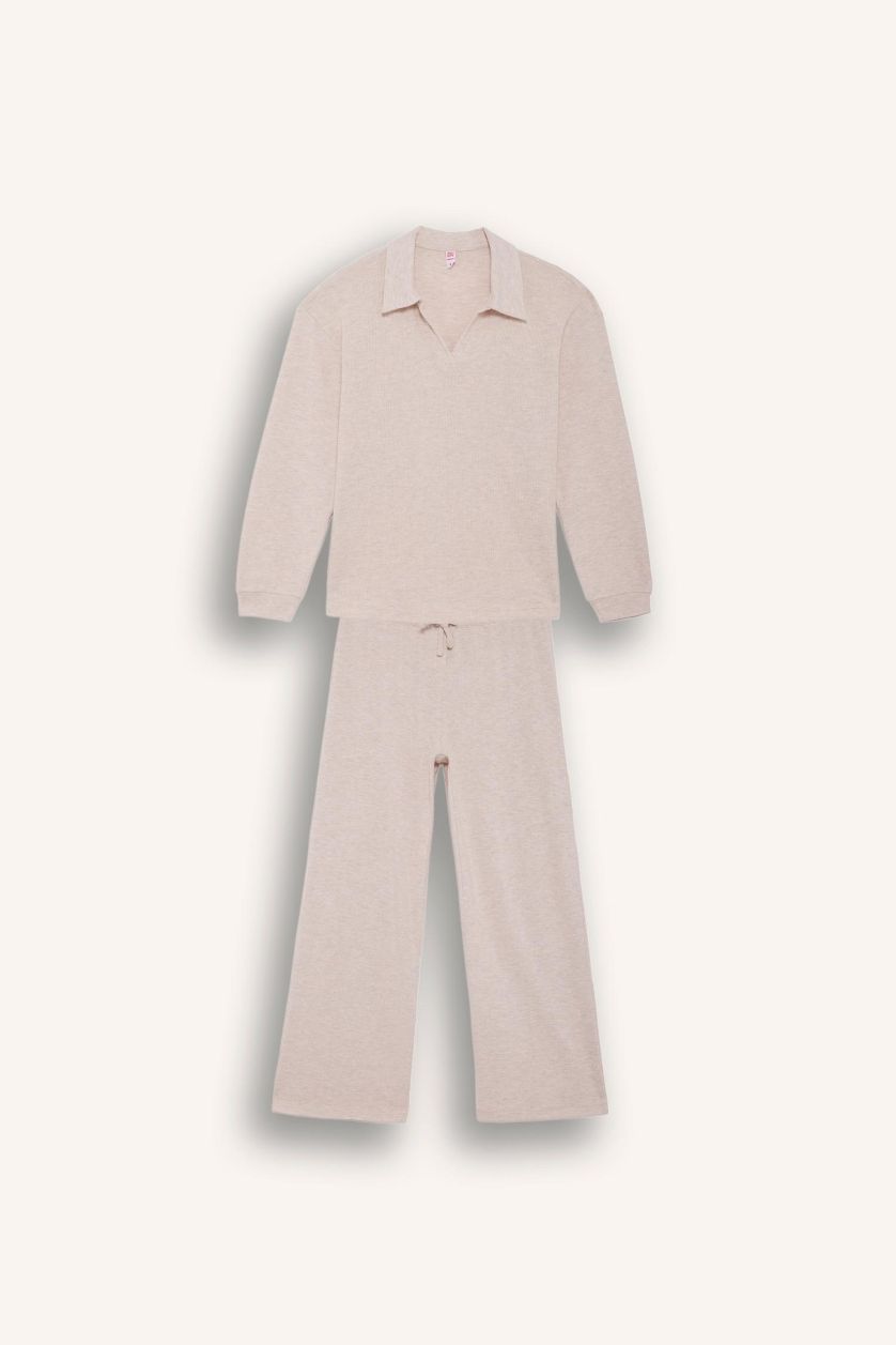 WOMAN Beige Melange Regular Fit Velour Top Bottom 2 Piece Pajama Set
