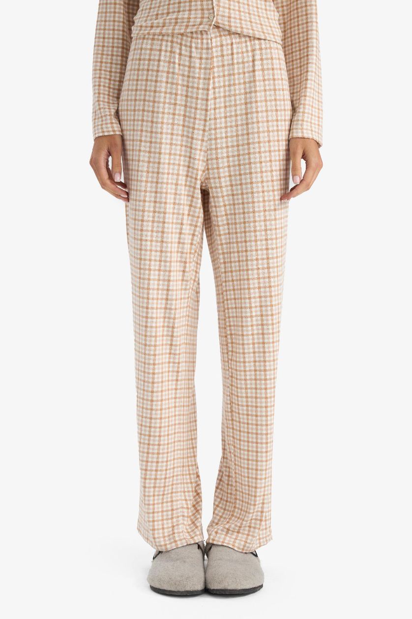 Kadın Ekru Pijama Takımı Regular Fit Kareli Uzun Kollu Üst Uzun Alt