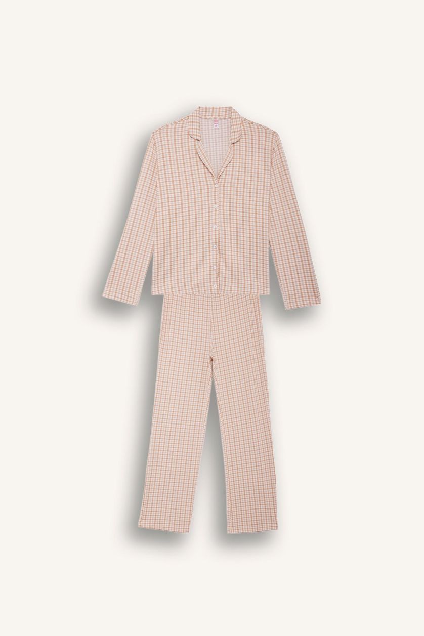 Kadın Ekru Pijama Takımı Regular Fit Kareli Uzun Kollu Üst Uzun Alt