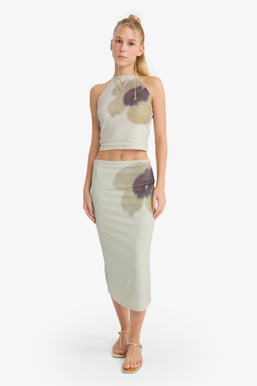 Kadın Haki Normal Bel Çiçek Desenli Tül Midi Kalem Etek