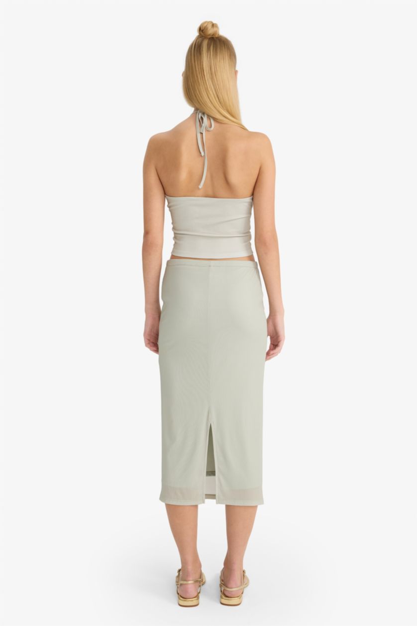 Kadın Haki Normal Bel Çiçek Desenli Tül Midi Kalem Etek