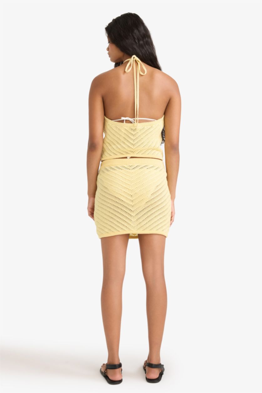 Kadın Sarı Slim Fit Dar Kesim Kroşe Mini Etek