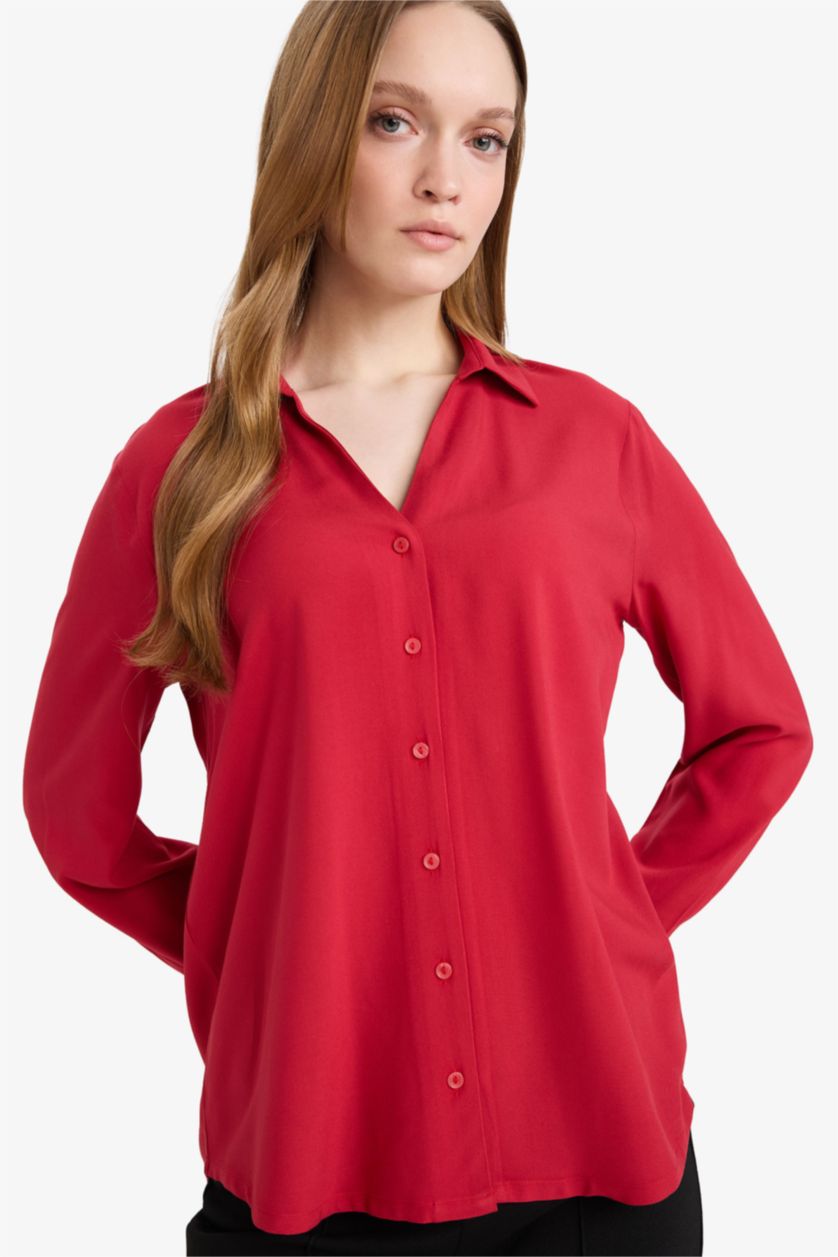 Әйелдерге қызыл Әйелдер күніне арналған Regular Fit қайырма жағалы ұзын жеңді жейде