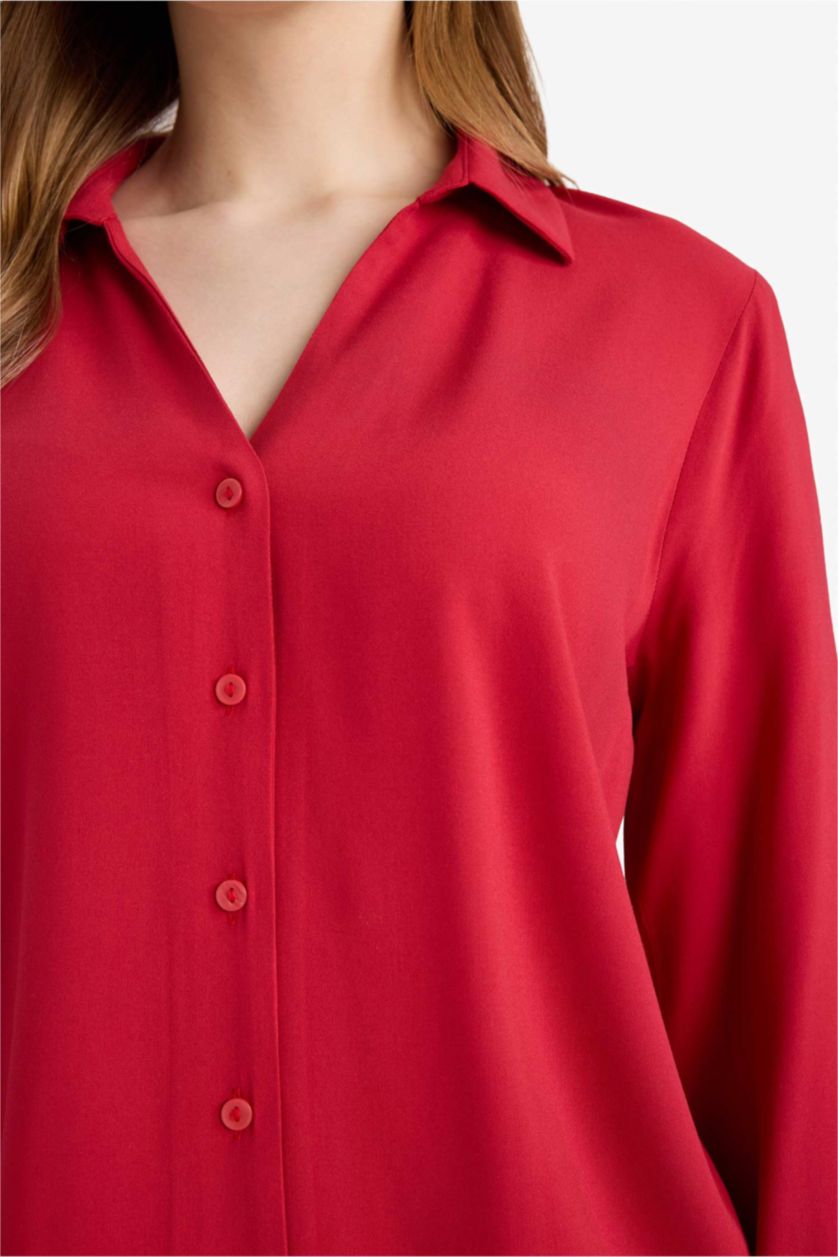 Әйелдерге қызыл Әйелдер күніне арналған Regular Fit қайырма жағалы ұзын жеңді жейде