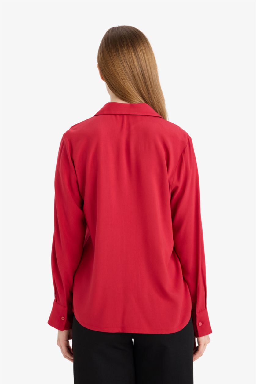 Әйелдерге қызыл Әйелдер күніне арналған Regular Fit қайырма жағалы ұзын жеңді жейде