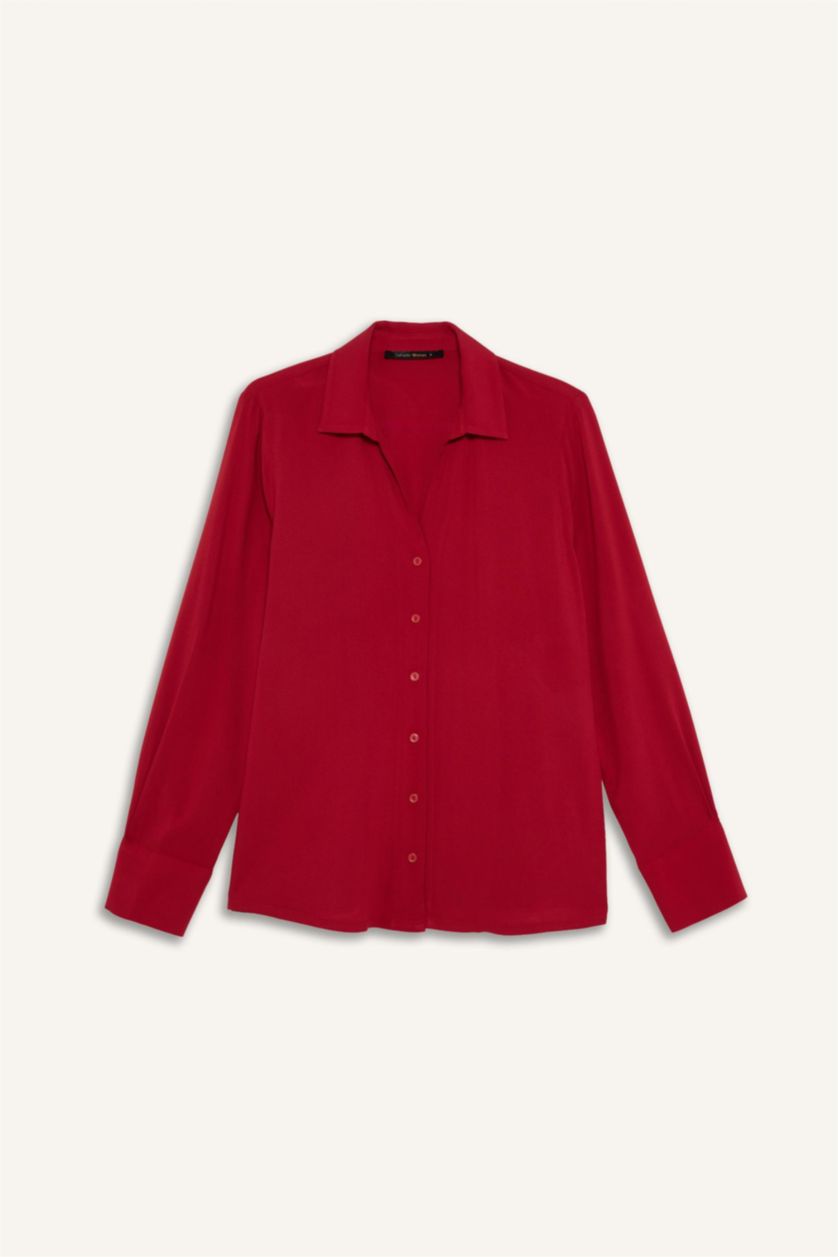 Әйелдерге қызыл Әйелдер күніне арналған Regular Fit қайырма жағалы ұзын жеңді жейде