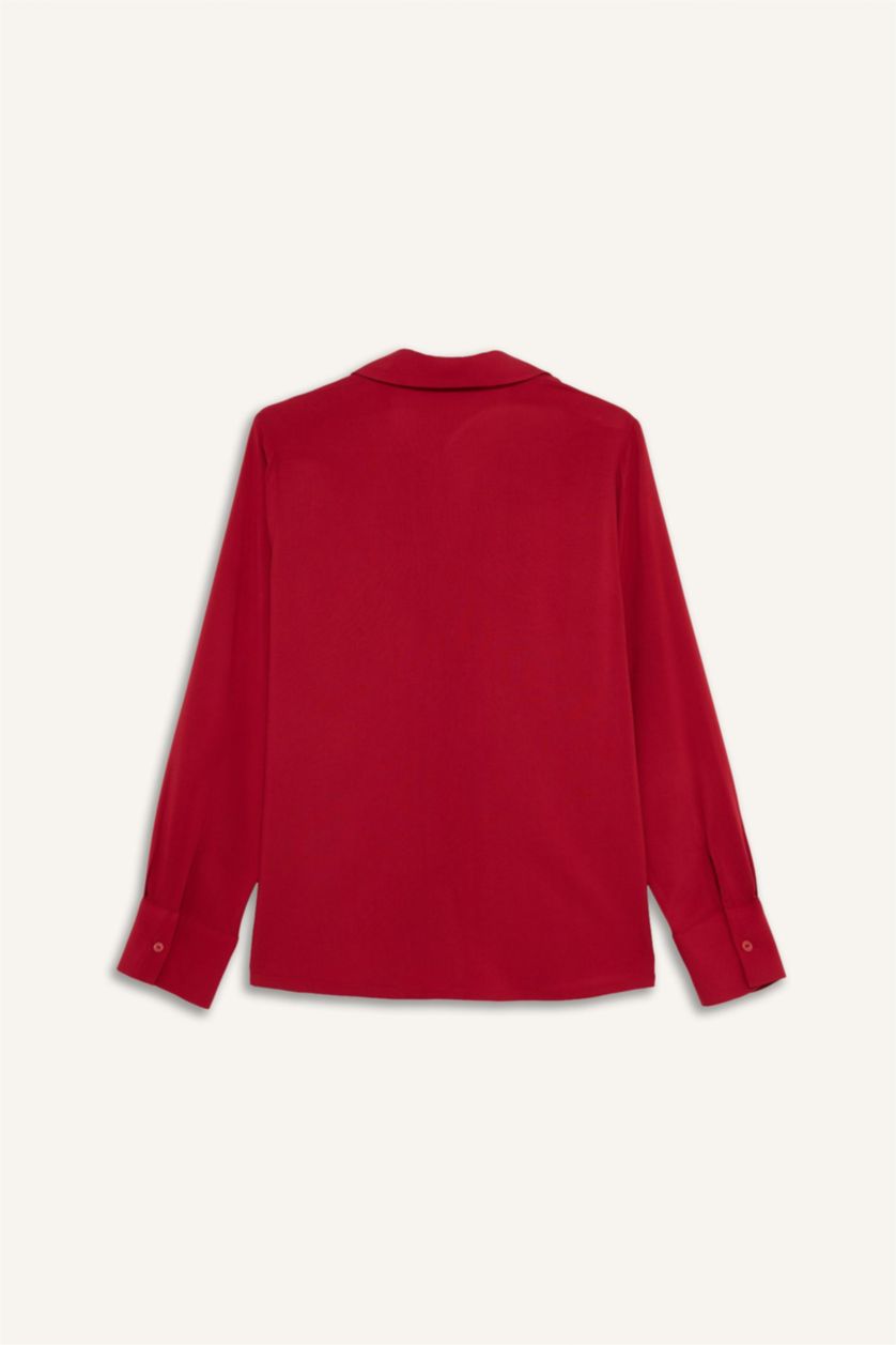 Әйелдерге қызыл Әйелдер күніне арналған Regular Fit қайырма жағалы ұзын жеңді жейде