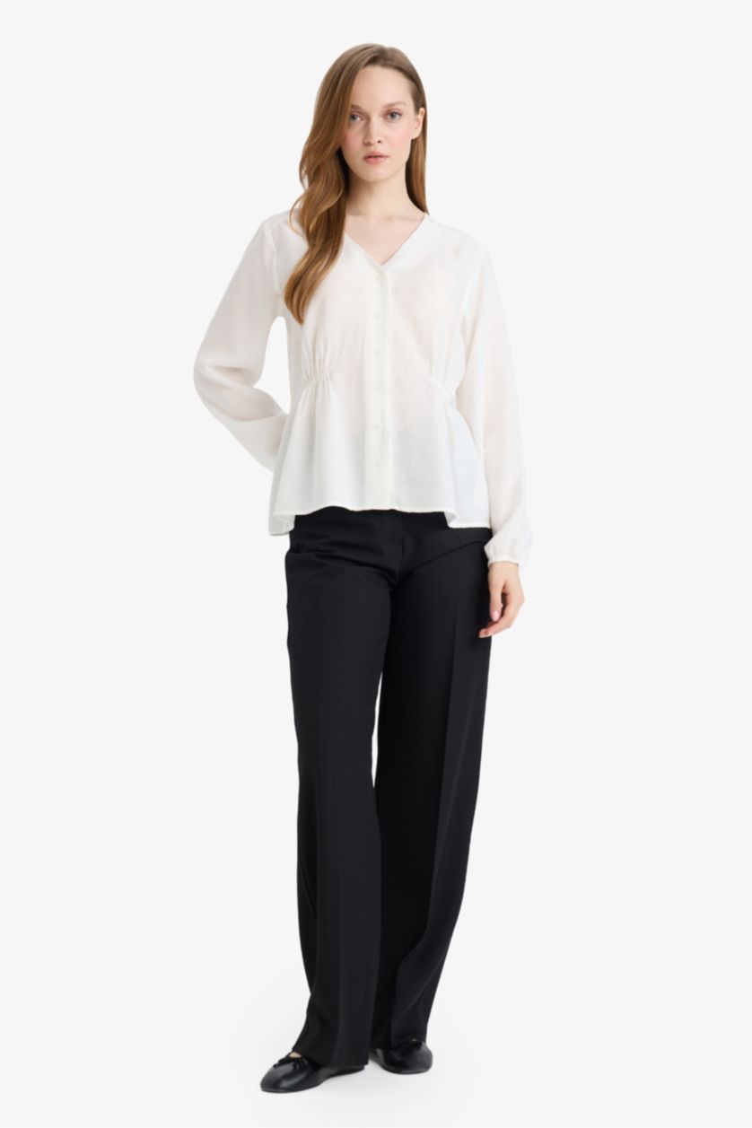 WOMAN Ecru Regular Fit V-Neck Long Sleeve Shirt