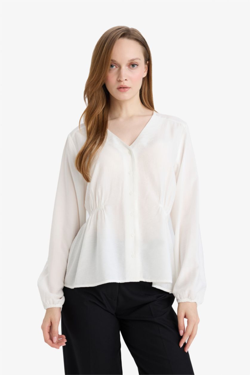 WOMAN Ecru Regular Fit V-Neck Long Sleeve Shirt