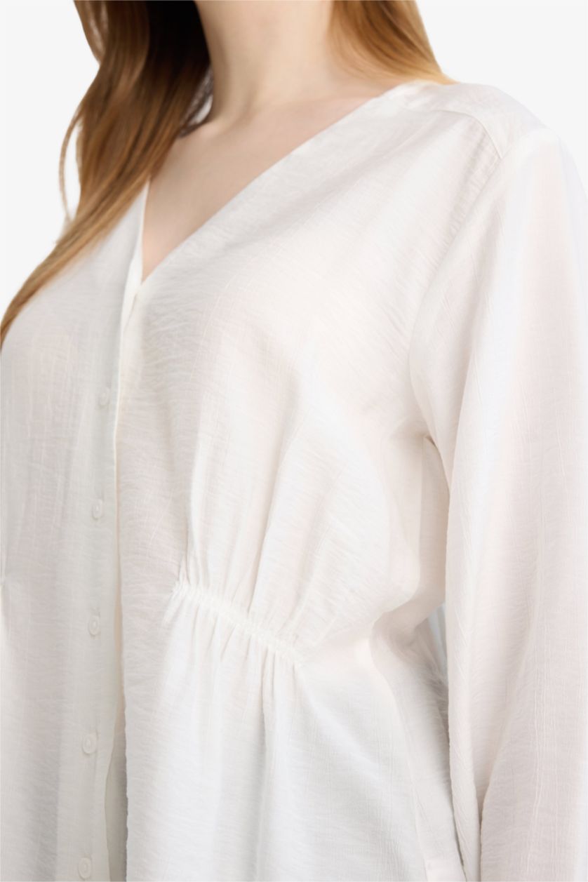 WOMAN Ecru Regular Fit V-Neck Long Sleeve Shirt