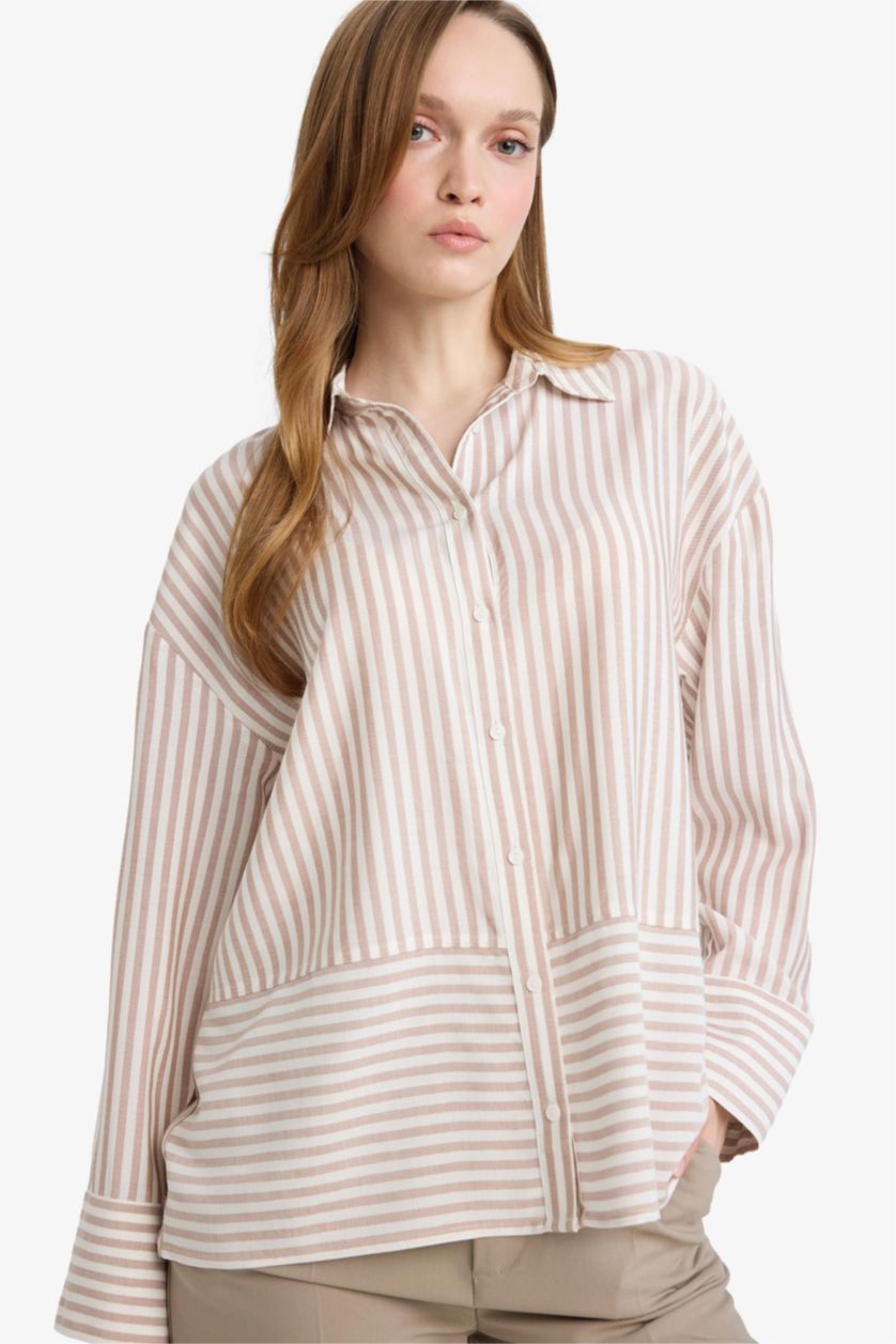 WOMAN Beige Relax Fit Shirt Collar Long Sleeve Shirt