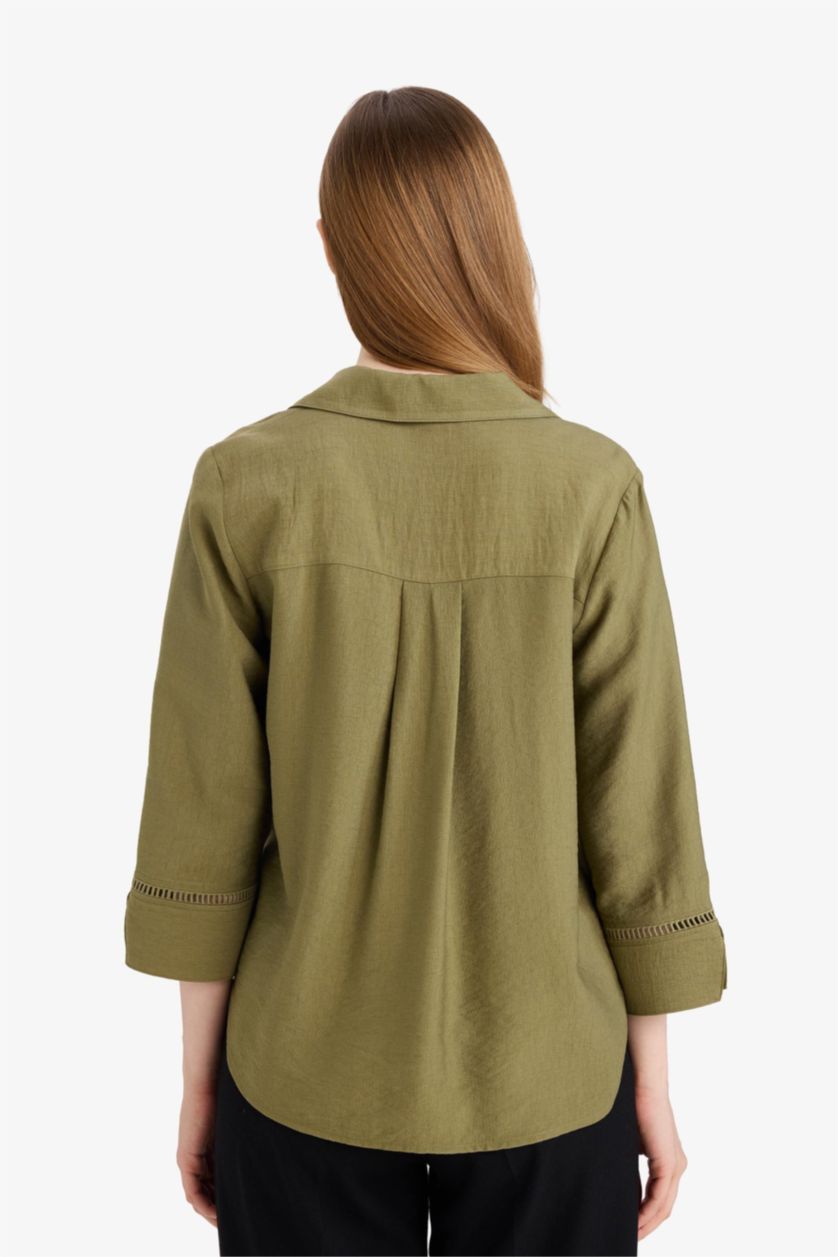 Woman Khaki Regular Fit Crew Neck Long Sleeve Blouse