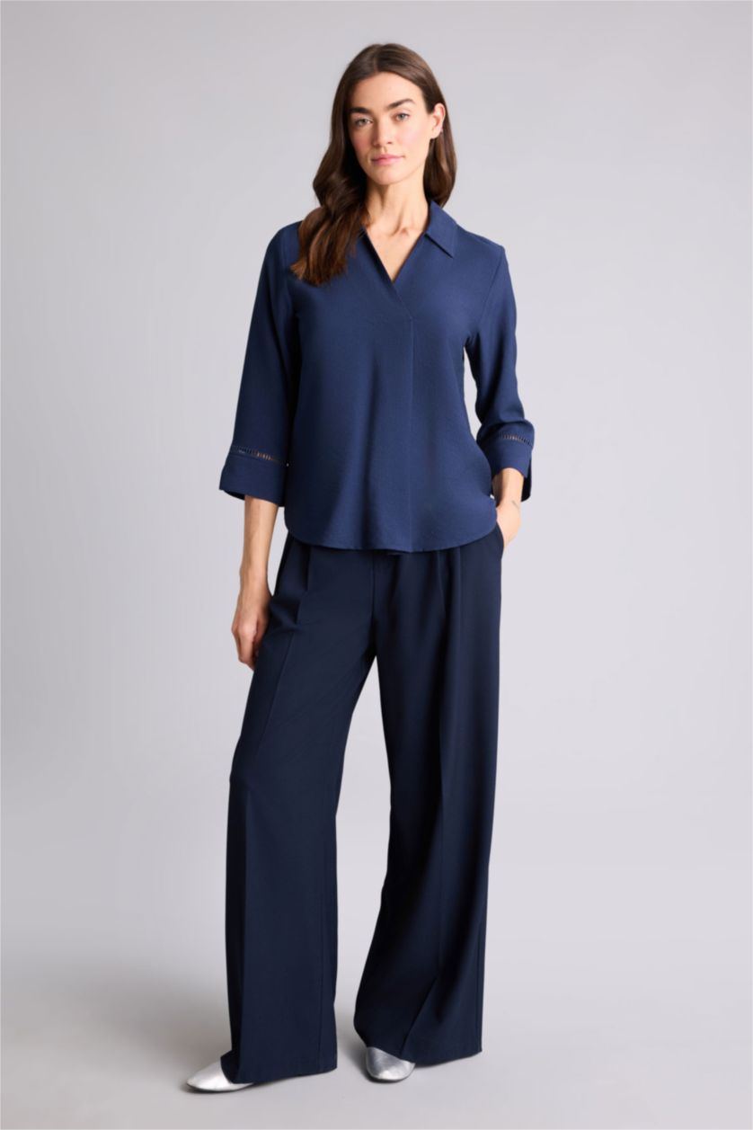 نساء كحلي بلوزة ردن طويل قصة عادية بياقة مستديرة