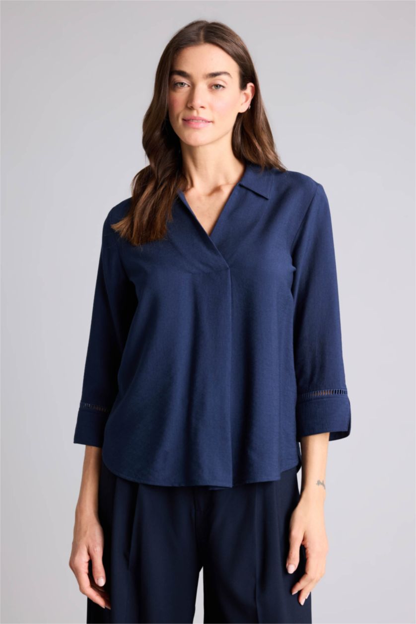 نساء كحلي بلوزة ردن طويل قصة عادية بياقة مستديرة