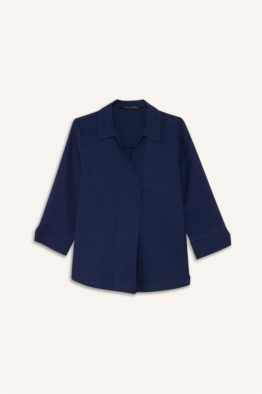 نساء كحلي بلوزة ردن طويل قصة عادية بياقة مستديرة